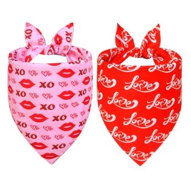 Imagem de WoffBow Pacote com 2 bandanas para cães do Dia dos Namorados – Cachecol reversível com estampa de corações vermelhos e rosa XO para cães de grande a GG, presente para amantes de cães