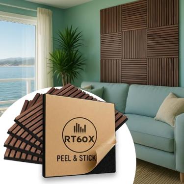 Imagem de ECOACOUSTICS Pacote com 4 painéis acústicos com peeling e cola, painéis de parede 3D 61 cm x 61 cm x 2,5 cm para decoração de parede interior folheado de madeira natural brilhante, isolamento acústico