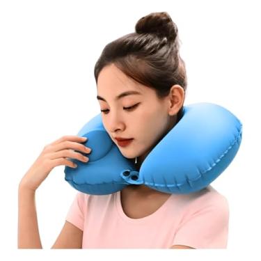 Imagem de Travesseiro de Pescoço Inflável Ergonômico em U, Portátil, Revestimento Aveludado, Azul, 30x30x12cm, para Viagem de Avião