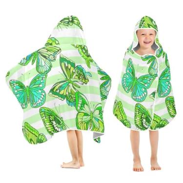 Imagem de Burbuja Butterflies on Green Toalha de banho com capuz para crianças, toalha de praia de pelúcia macia absorvente para meninas e meninos 3-10 anos, 61 x 127 cm