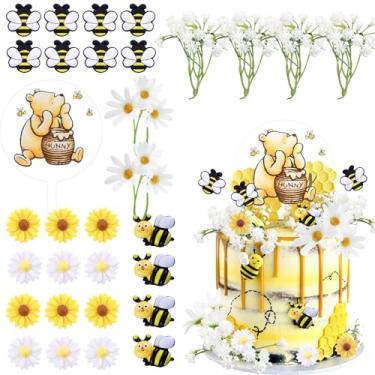 Imagem de MEMOVAN Winnie Bear Cake Topper Winnie Bee Cake Decorations Pooh Bear Toppers Little Figurine Bee Cupcake with Classic Pooh Bees Daisys Sunflower for Oh Baby Bees Theme Shower Birthday Party