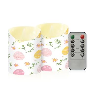 Imagem de Wassud Pacote com 2 ovos de Páscoa coloridos e margaridas velas sem chama com controle remoto, velas realistas cintilantes com temporizador, velas decorativas para Natal, casamento, festa, decoração