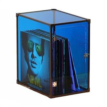 Imagem de Suporte para armazenamento de CDs Caixa de armazenamento discos vinil, caixa suporte LP com moldura liga alumínio, organizadora tampa vidro orgânico, fácil instalar(Blue)
