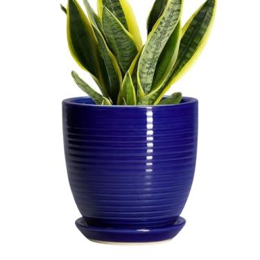 Imagem de EPFamily Vaso de cerâmica - Vaso de plantas de 15 cm para ambientes internos e externos, vaso grande redondo com orifício de drenagem e pires, decoração de casa de quarto de pátio, azul brilhante