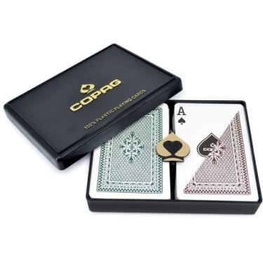 Imagem de Copag 100% Plastic Playing Cards - Bridge Size (Narrow) Regular Index Green/Brown Double Deck Set