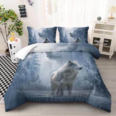 Imagem de AILONEN Jogo de cama solteiro com lobo branco, floresta de inverno, animal selvagem, para crianças, meninos, 3D, safári, lobos, edredom com 2 fronhas, 3 peças