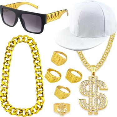Imagem de Riuziyi Pacote com 9, fantasia de rapper dos anos 80, 90, masculino, corrente de ouro, hip hop, anéis kanji com símbolo de dólar, para festa temática, Dourado, adjustable
