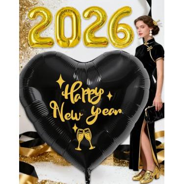 Imagem de KARAQY Decorações de Ano Novo 2026 – Balão gigante de coração preto de 1,2 m e balões com números de folha dourada "5,146.0 cm para artigos de festa de ano novo