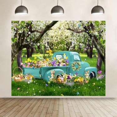 Imagem de Pano de fundo de primavera, Páscoa, 3 x 2,4 m, jardim, verde, árvores, azul, caminhão, ovos coloridos, flores, coelhinho, fotografia, fundo, decorações de festa de Páscoa, adereços de estúdio