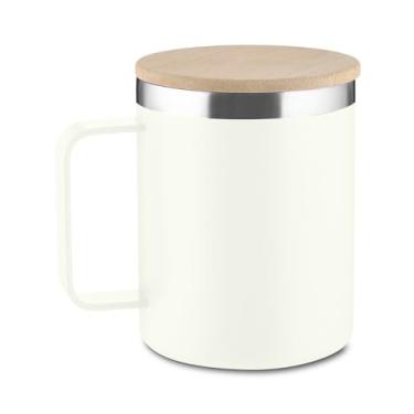 Imagem de Caneca Térmica 400ml Branca em Inox Reciclado com Tampa de Bambu – Parede Dupla, Mantém Bebidas Quentes e Frias