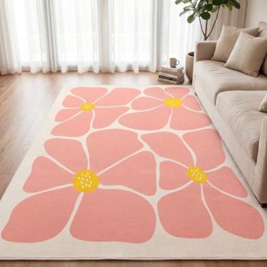 Imagem de Boao Tapetes florais modernos para sala de estar 1,2 x 1,8 m Tapete lavável macio com antiderrapante para sala de estar, quarto, escritório, decoração de casa (rosa)