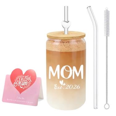 Imagem de DAMCONME Presentes para mamãe, Mom Est 2026 copo de vidro com tampa de bambu e canudo de coração, presente de gravidez aconchegante para mulheres grávidas e pais pela primeira vez, presentes de Natal