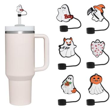 Imagem de 6 peças de topos de palha fantasma de Halloween para copo Stanley, recheios de cesta de Halloween Boo, capa de palha fantasma de silicone reutilizável - serve para copos de 850 g e 1,134 g, acessórios