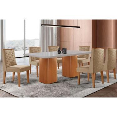Imagem de Sala Jantar Mesa Maldivas Tampo c/ Vidro Curvo 180cm+6 Cadeiras Dafne Madeira Naturale/Off White - Capuccino/Linho Bege - Rufato