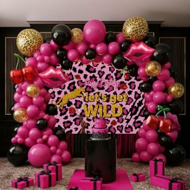 Imagem de Hot Pink and Black Balloons Arch Kit Cherry Birthday Decorations with Background cloth Foil Cheetah Print lips Cheetah Balloons for Baby Shower Bachelorette Party Decorations