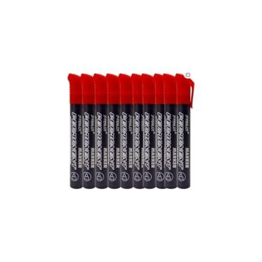 Imagem de Marcador Permanente Vermelho, Kit com 10 Unidades, Ponta Resistente, 13,5 cm x 2 cm, Corpo Ergonômico em Plástico, para Papel, Vidro, Metal e Madeira