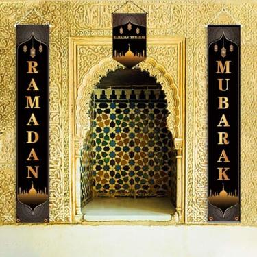 Imagem de KYMY 3 faixas de varanda Ramadan Mubarak com 70,9 x 11,20 cm, placas de porta muçulmanas do Ramadã Mubarak, faixas suspensas árabes islâmicas para decoração interna e externa do Ramadã Eid Mubarak,