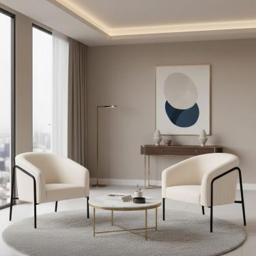 Imagem de Poltrona Sala Decorativa Kit 2 Stella Base Alta Tubo Preto Veludo Cotelê D03 - D'rossi Cor Bege