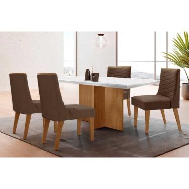 Imagem de Conjunto Sala de Jantar Berlim c/ Tampo Madeirado c/ Vidro Canto Curvo 120x80cm e 4 Cadeiras Maldivas Madeira Maciça Naturale/Off White - Capuccino/Su