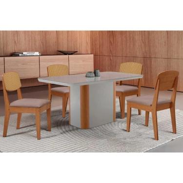 Imagem de Conjunto Sala de Jantar Pietá c/ Tampo Madeirado c/ Vidro Canto Curvo 120x80cm e 4 Cadeiras Havana Premium Naturale/Off White - Linho Capuccino-Rufato