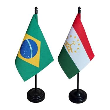 Imagem de Bandeiras de Mesa Brasil e Tajiquistão, 26cm Altura, 18x11cm, Tecido Oxford, Base Plástica, Kit com 2 Unidades, Multicolorido, para Escritório, Eventos e Decoração