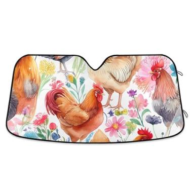 Imagem de Toldo de sol com estampa de galinhas coloridas personalizadas para para-brisa de carro bonito universal dobrável acessórios de carro persianas para-brisa frontal L, 144,8 cm x 80 cm