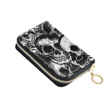 Imagem de GAIGEO Black Skulls Carteira feminina branca pequena porta-cartão de crédito com bloqueio de RFID bolsa de moedas de couro com zíper