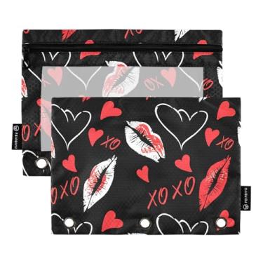 Imagem de Pasta para meninas, 3 anéis, estojo para lápis, fichário com zíper, estojo para canetas, fichário transparente, escola, vermelho, preto, batom 25 x 18 cm, 2 pacotes