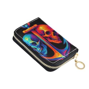 Imagem de Carteira feminina de couro azul com caveiras laranja e preta, protetor de cartão de crédito, bloqueio de RFID, pequena carteira de viagem com zíper com chaveiro