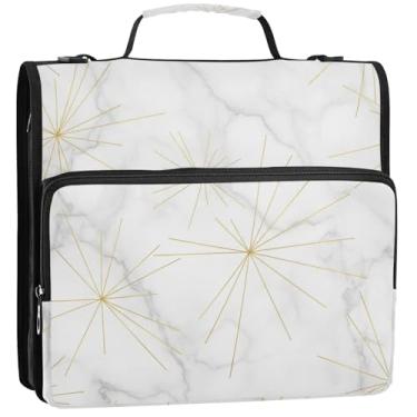 Imagem de Organizador de fichário com zíper de trabalho, 3 argolas de 3,8 cm, anel branco mármore cinza, comporta 500 folhas, bolsa escolar com alça de ombro, 34,5 x 31,5 x 9 cm