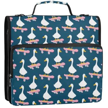 Imagem de White Ducks Riding Skateboards Organizador de fichário azul escuro com zíper com 3 argolas de 3,8 cm, bolsa escolar com alça de ombro, pasta de armazenamento com alça, 34,5 x 31,5 x 9 cm