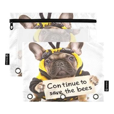 Imagem de GAIGEO Bolsa de lápis rosa com 3 argolas para cães, engraçada, vívida, caneta, lápis, fichário com zíper, bolsos escolares transparentes, tecido 25 x 18 cm, 2 pacotes