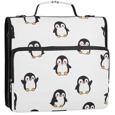 Imagem de Organizador de fichário grande com zíper de 3,8 cm, 3 anéis, pinguins de desenho fofo, branco, pasta de armazenamento com alça e bolsa de ensino médio, 34,5 x 31,5 x 9 cm