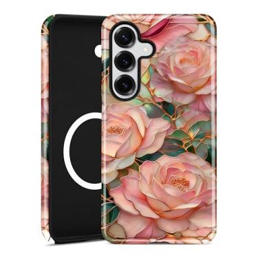 Imagem de Aitipy Capa magnética para Samsung Galaxy S25, compatível com MagSafe, linda estética vitral rosa design capa de telefone TPU macio e capa protetora de policarbonato rígido para mulheres e meninas