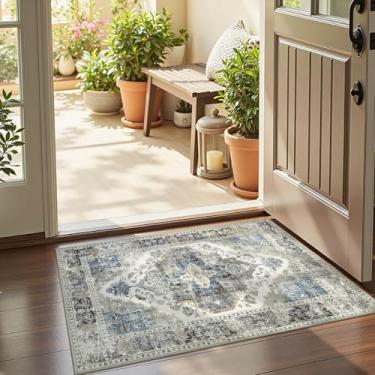 Imagem de jinchan Tapete de entrada 5 x 7 cm, estampa vintage, cinza, lavável, antiderrapante, fino, elegante, retrô, interior, tapete pequeno, tapete para entrada, cozinha, quarto, lavanderia