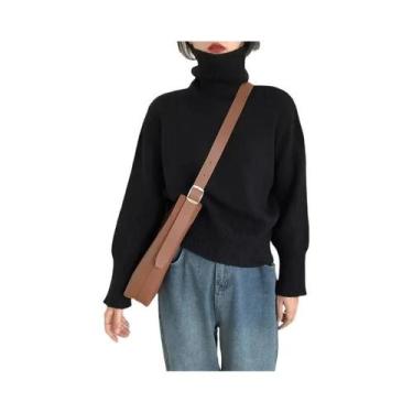 Imagem de Suéter Feminino Oversized De Gola Alta, Cor Sólida, Moda Vintage, Tops