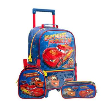 Imagem de Kit Mochila Rodas Carros Escolar McQueen Lancheira Estojo Cor:Azul - D
