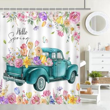 Imagem de Mocsicka Cortina de chuveiro Hello Spring Truck aquarela floral primavera caminhão banheiro cortina de chuveiro primavera casa de fazenda impermeável cortina de chuveiro decoração de banheira com 12