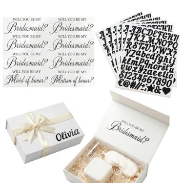 Imagem de Conjunto de adesivos de caixa de pedido de dama de honra, "Will You Be My Bridesmaid?" Adesivo de vinil e adesivos de letras pretas – Etiquetas de caixa de presente de dama de honra DIY para caixas de