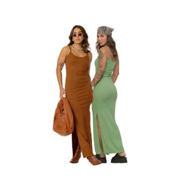 Imagem de KIT 2 Vestido Canelado Longo com Fenda Lateral de Alcinha Sem Bojo - A