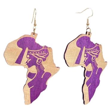 Imagem de KaFu Brincos femininos com mapa pintado de madeira natural boêmia, mapa étnico africano, brincos pendentes de madeira, joias modernas, Small, Madeira, Sem pedra preciosa