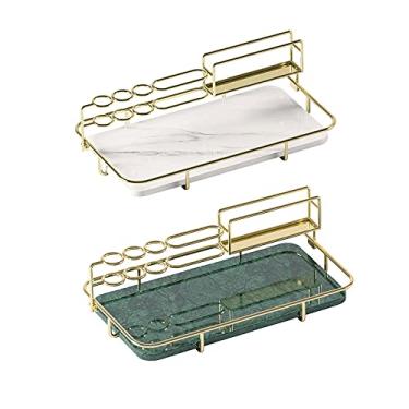 Imagem de Organizador de banheiro organizador de banheiro, prateleira de armazenamento de cosméticos de banheiro de 1 camada para bancada, organizador de arame decorativo com bandeja de mármore, branco