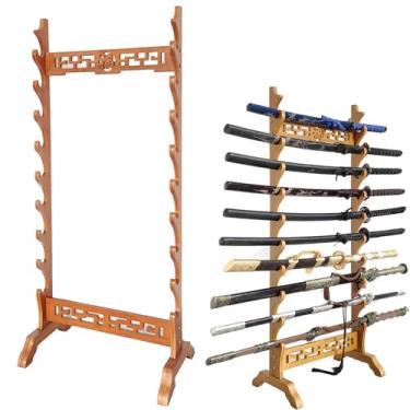 Imagem de Suporte de piso para exibição de espada de madeira de 5 a 12 níveis, suporte de espada Katana, cabides de espada samurai suporte de sabre de luz para suportes de flauta vara de pesca e todos os tipos