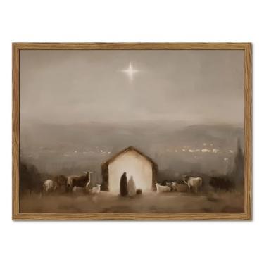 Imagem de Arte de parede de presépio vintage, pinturas de decoração de parede de nascimento de Jesus Cristão Belém Estrela Religiosa Impressão em tela para quarto, sala de oração, 40,6 x 61 cm, moldura de