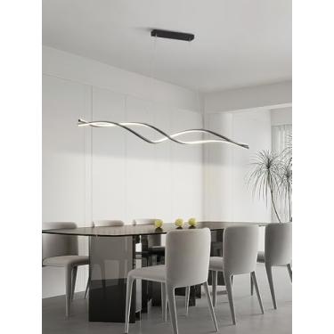 Imagem de Lustre pendente linear para sala de jantar, LED, dimerizável, com controle remoto, temperatura de cor de 3000 a 6000K, moderno, para mesa de jantar em ilha, escritório, altura ajustável, cúp