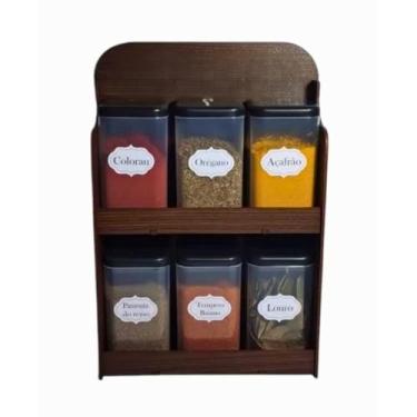 Imagem de Porta temperos de parede ou mesa em MDF marrom com 6 potes organizadores para condimentos e mantimentos na cozinha
