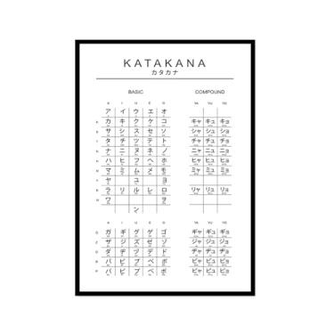 Imagem de Pôster do gráfico do alfabeto japonês Hiragana Katakana preto e branco pintura em tela educação aprender impressões escritório decoração sala de aula (SKU11,20.3x30.5 cm = (20x30cm), moldura preta