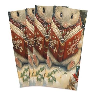 Imagem de xigua Cute Mouse Under Christmas Tree Conjunto de 4 panos de prato de cozinha, macios e altamente absorventes de secagem rápida para limpeza de pratos e limpeza à mão, 71 x 45 cm