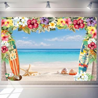 Imagem de Pano de fundo Havaí, 3 x 2,4 m, verão, tropical, folhas de palmeira, flores, oceano, praia, cenário, Aloha, estande fotográfico, faixa de festa de luau para crianças, adultos, aniversários, decorações