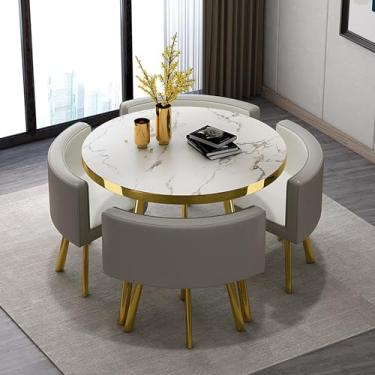 Imagem de Conjunto de mesa de jantar redonda de 90 cm com 4 cadeiras, mesa de clube e cadeira de recepção de escritório, móveis que economizam espaço, para bar, varanda, quarto, biblioteca (cinza)